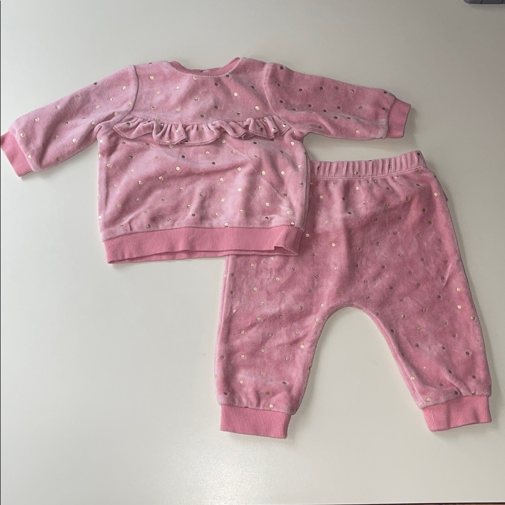 Little Me Pink Velour Outfit with Gold Polka Dots & Ruffle Accent